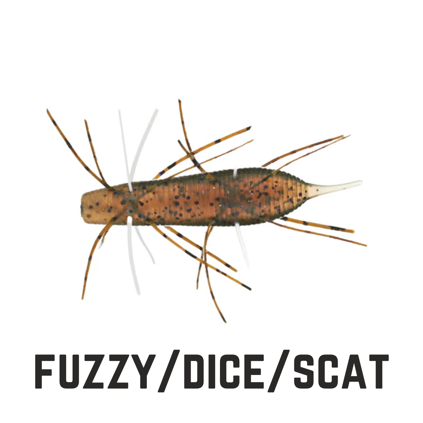 brown with black fleck with tentacles  soft plastic with text overlay fuzzy/dice/scat