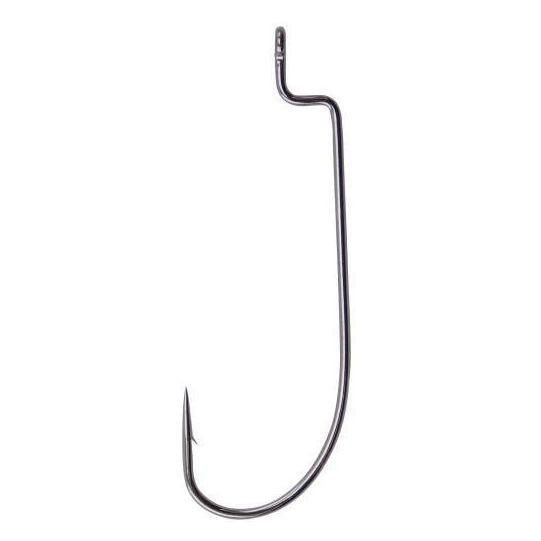 Single black nickel Gamakatsu Offset Worm Hook with a sharp point and offset bend designed for secure fishing tackle use.