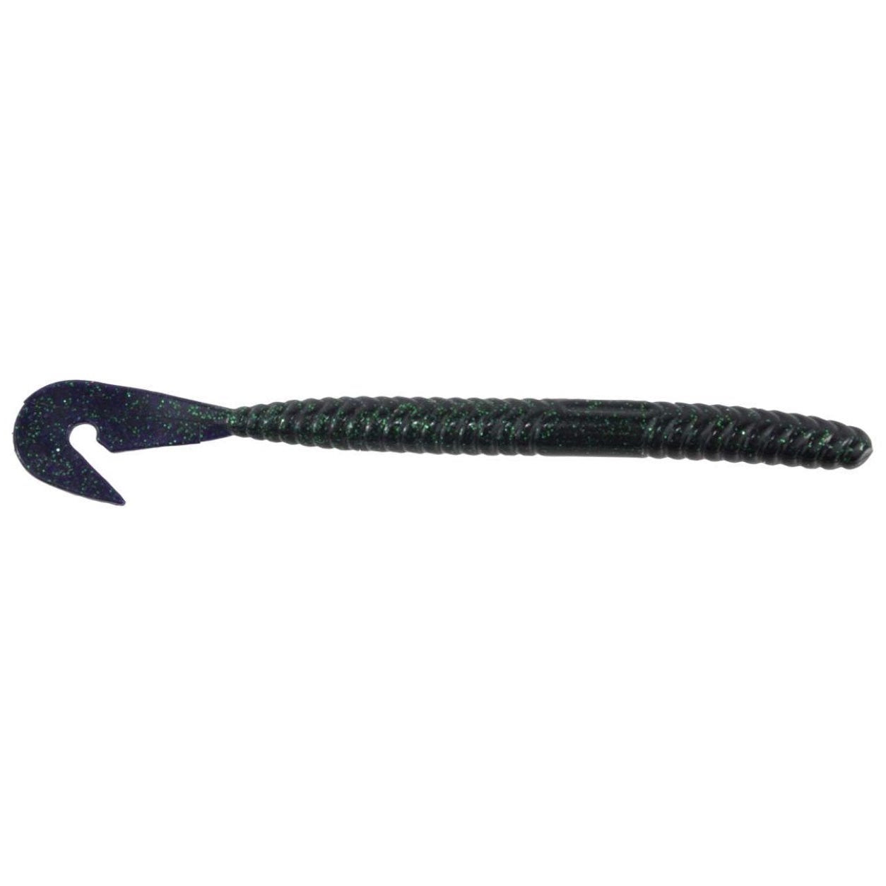 Gambler Lures Burner Worm fishing lure in dark green with sparkles, featuring a ribbed soft bait body and a curled paddle tail for realistic movement in water.