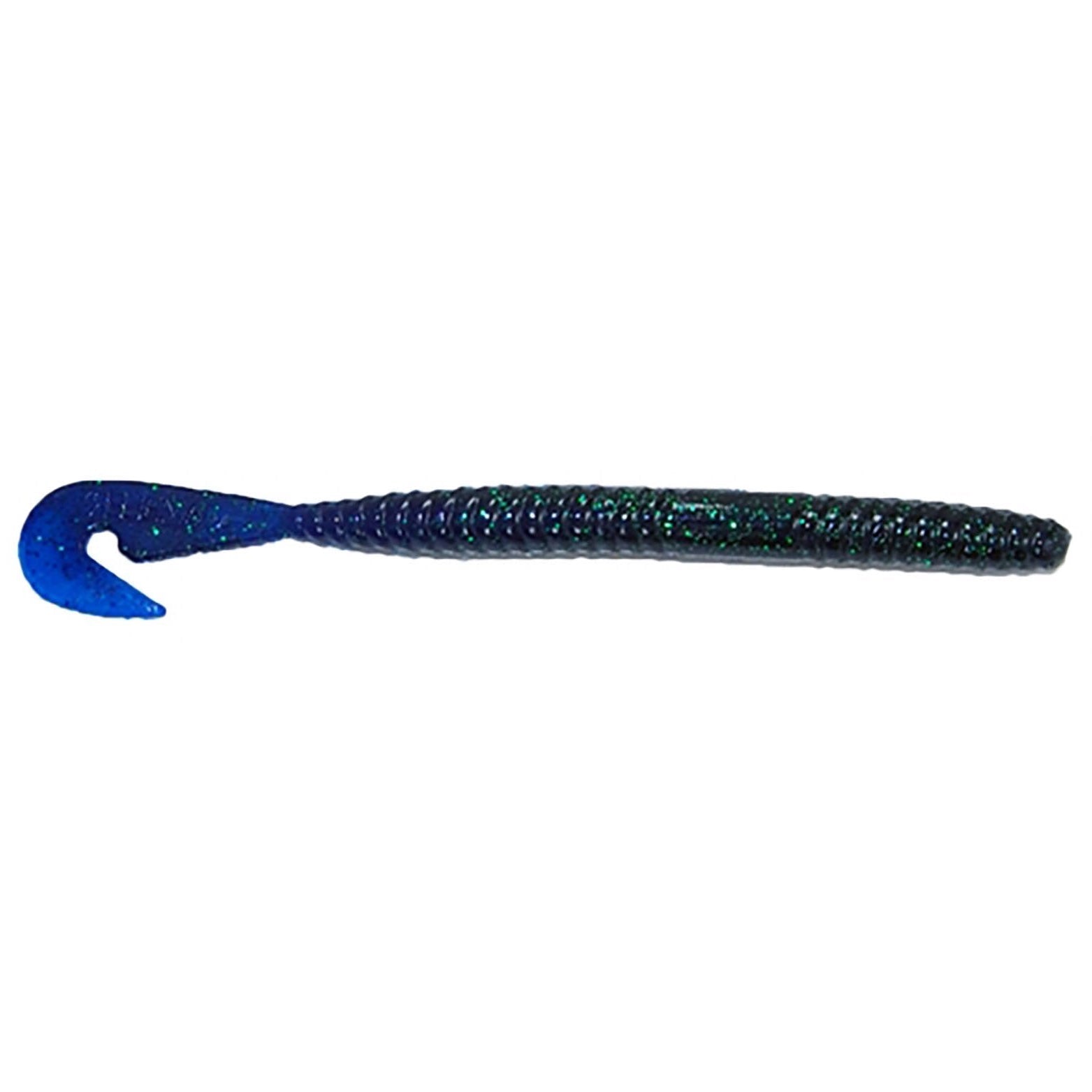 Gambler Lures Burner Worm fishing lure in blue and black with glitter, featuring a ribbed body and curled tail designed for attracting fish in freshwater environments.