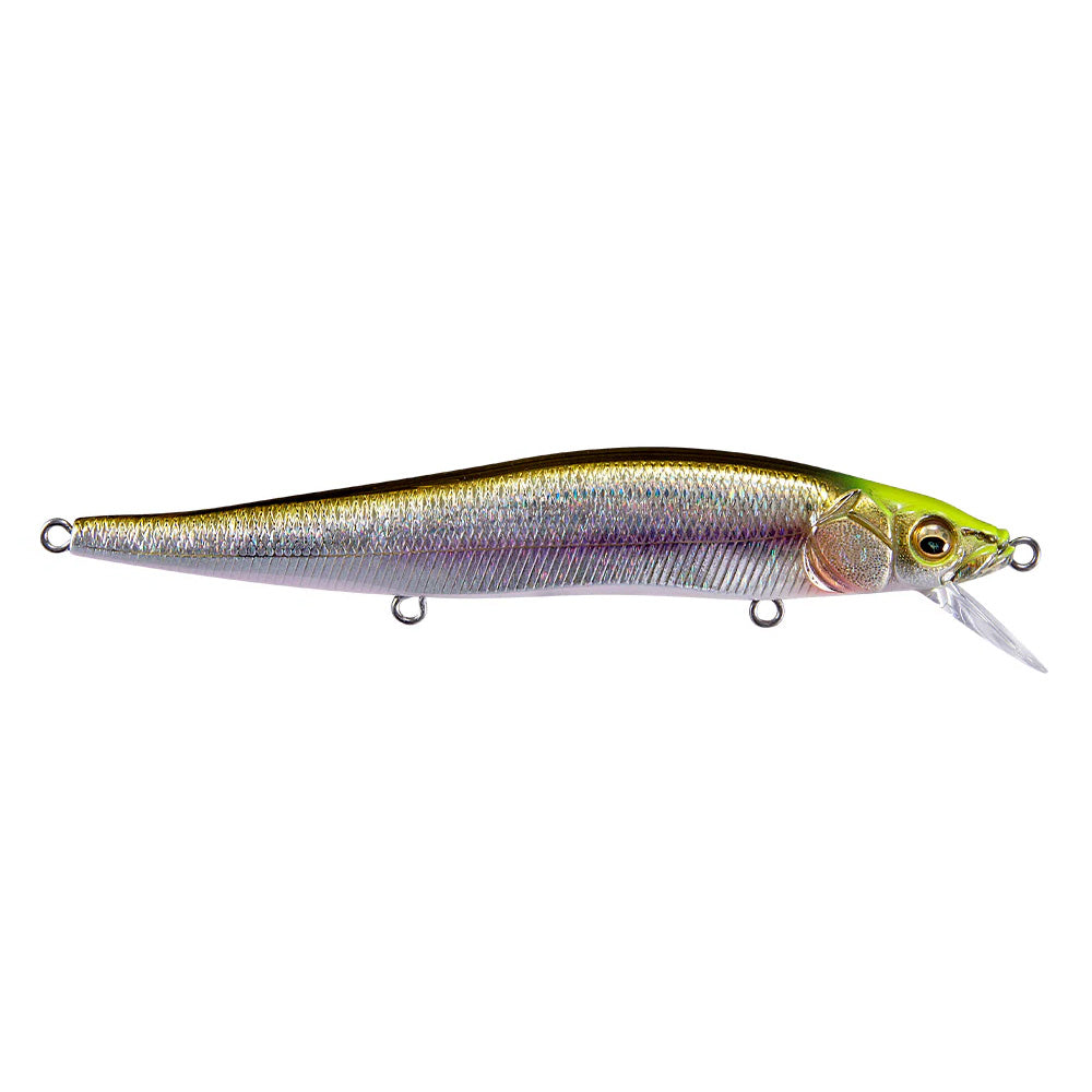 Megabass Great Hunting 110 Jerkbait fishing lure with a sleek, elongated body in metallic silver and green hues, designed for precise movement in water to attract fish.