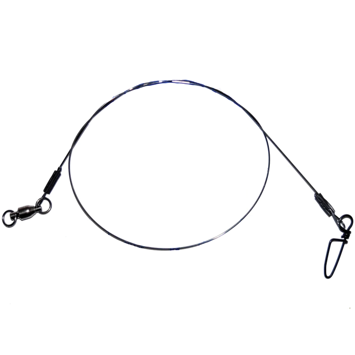 Windels Titanium Leaders dark wire fishing leader with a swivel on one end and snap clip on the other for musky fishing tackle