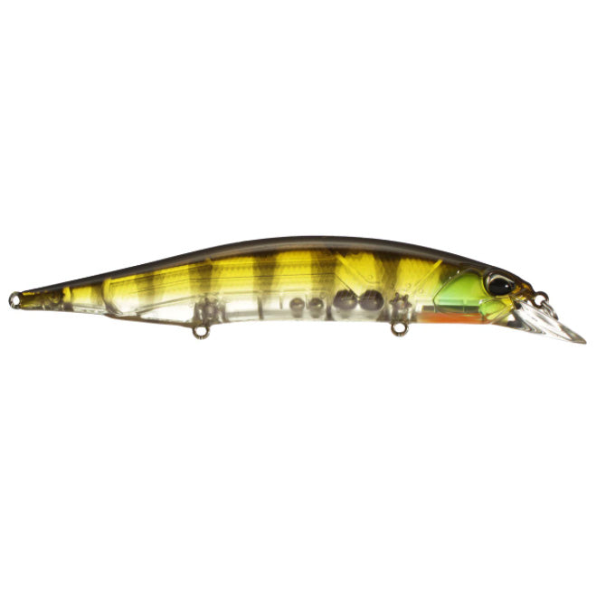 Side view of a Duo Realis 110SP Jerkbait fishing lure with a translucent body featuring yellow and green tones and internal rattles, designed for freshwater fishing tackle.