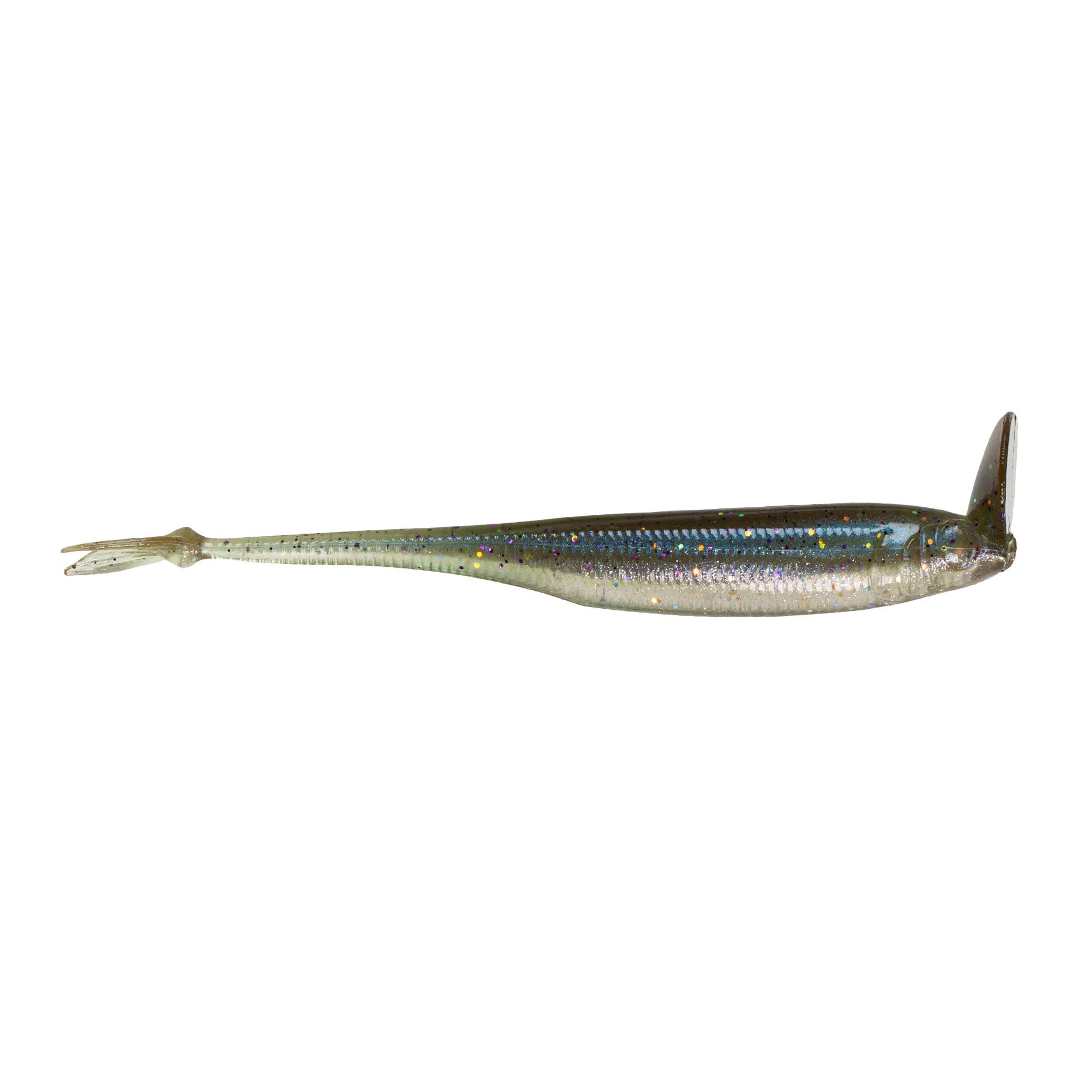 6th Sense Strobe Shaker 3.7 Minnow fishing lure in a slender, translucent design with shimmering scales and a paddle tail for realistic movement in fishing tackle.