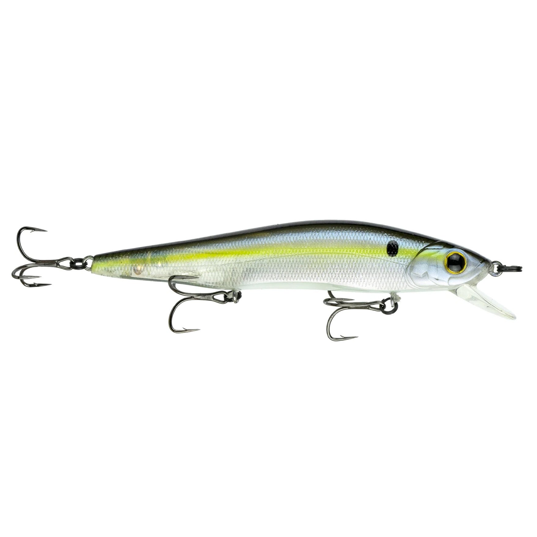 6th Sense Provoke 106X Jerkbait fishing lure with realistic shad pattern in silver, yellow, and black, featuring three sharp treble hooks and a clear diving lip.