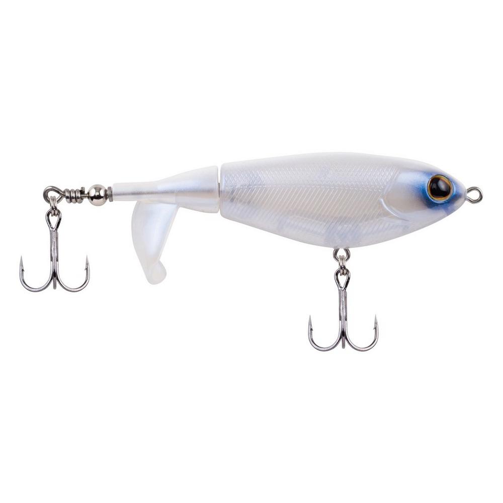 Berkley Choppo fishing lure with a ghost white translucent body, lifelike eyes, and two treble hooks designed for effective freshwater fishing tackle use.
