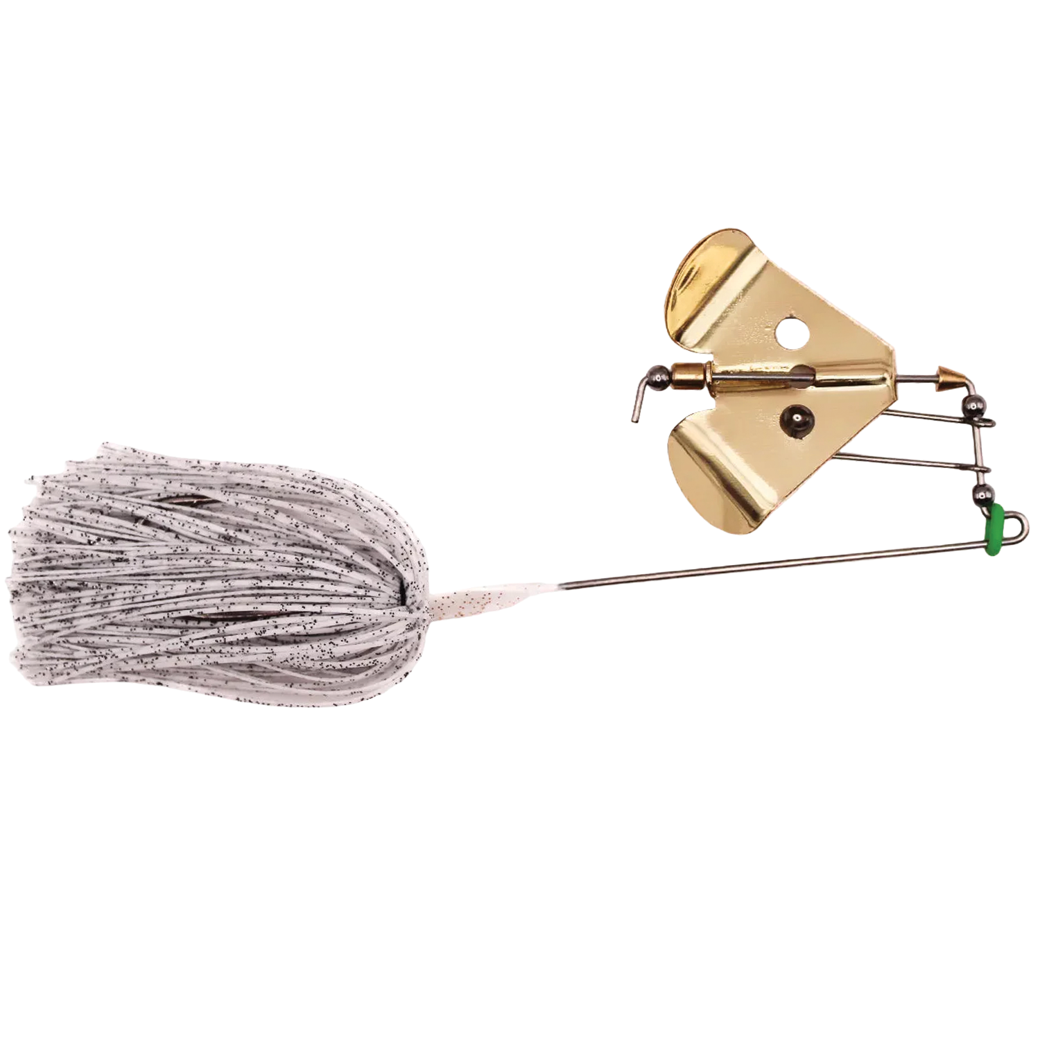 White lure with gold blade on white background