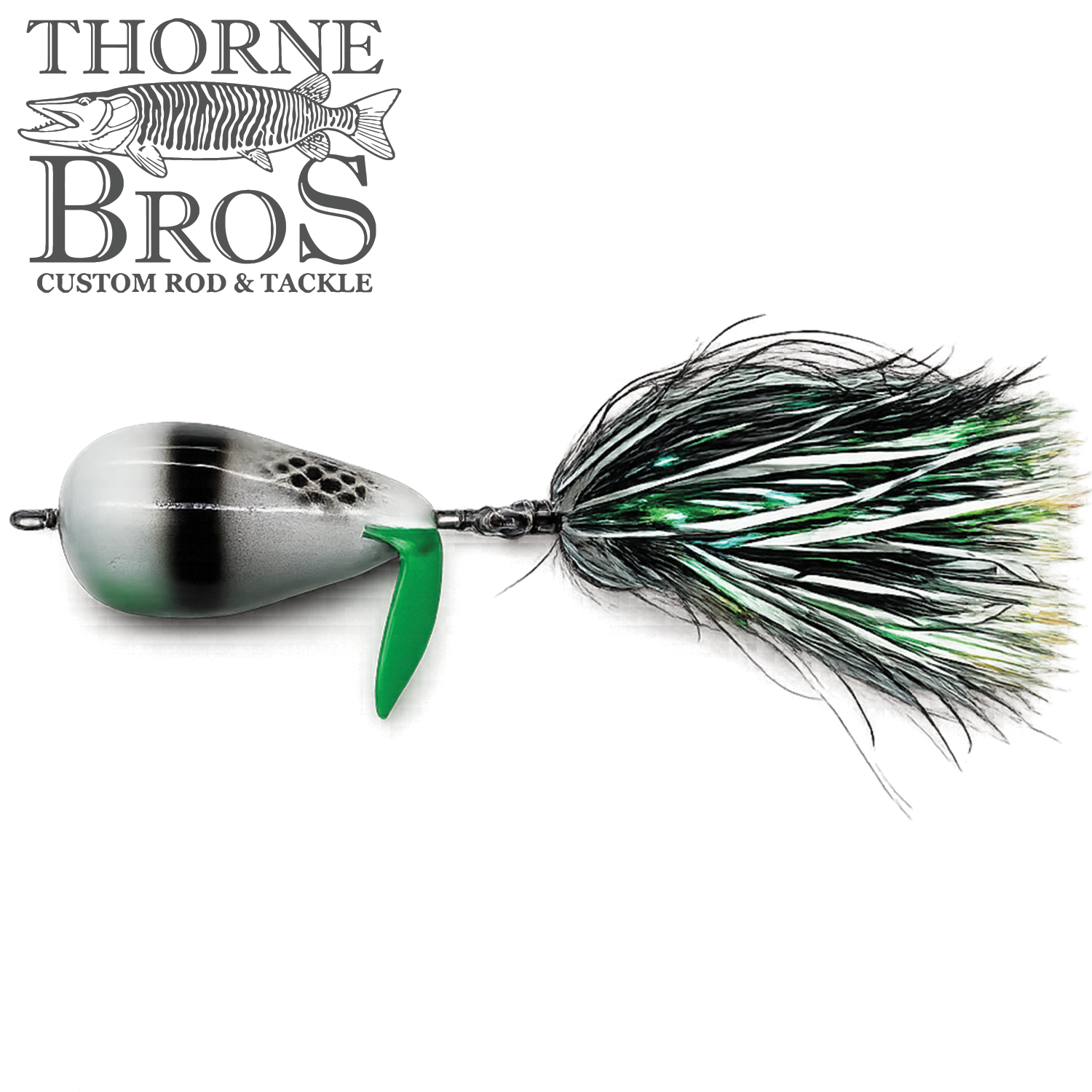 Spanky Baits Violence fishing lure featuring a silver and black body with green accents and a feathered tail in black, white, and green, designed for musky fishing.