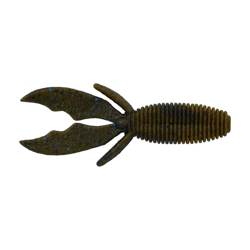Berkley PowerBait MaxScent Creature Hawg fishing lure in dark green with blue flecks, designed to mimic a crawfish for attracting musky and other freshwater fish.