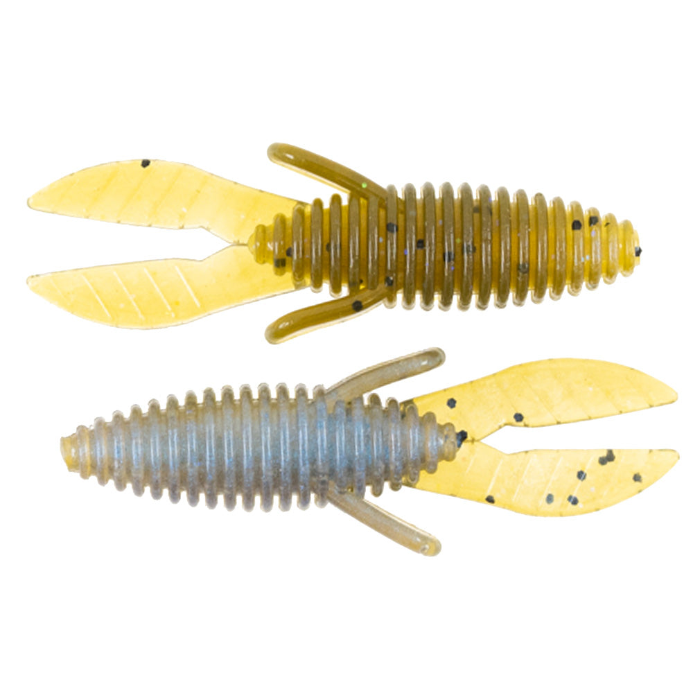 Two soft plastic fishing lures in yellow and translucent olive with ribbed bodies and twin paddle tails, labeled Missile Baits Micro D Bomb, designed for fishing tackle.