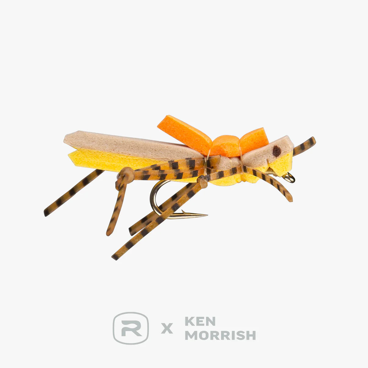 Morrish Hopper fishing lure designed to mimic a grasshopper with orange, yellow, and brown segmented foam body and detailed legs, featuring a sharp fishing hook.