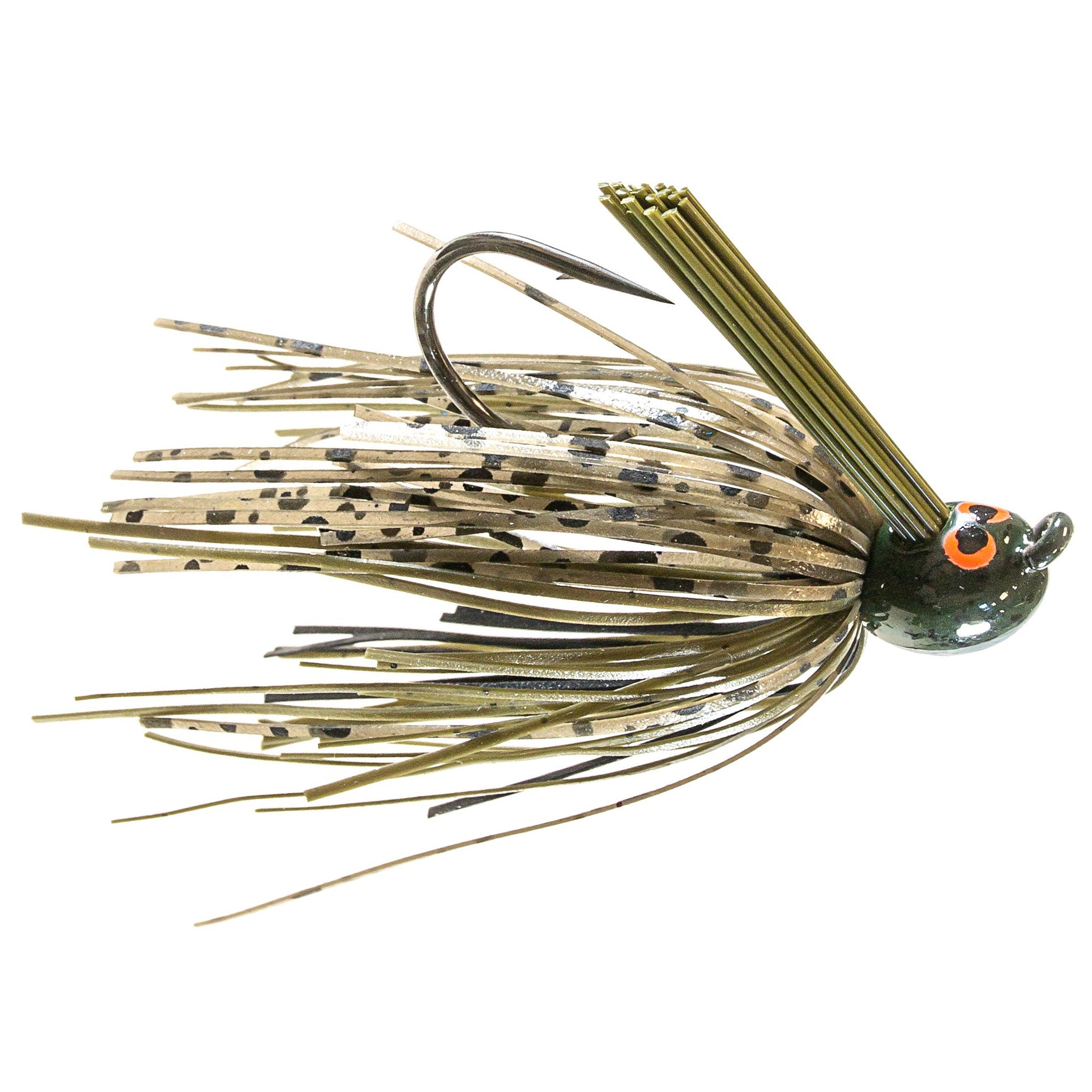 Z-Man CrossEyeZ Power Finesse Jig fishing lure with detailed olive and black spotted skirt, sharp hook, and bright orange eyes designed for finesse fishing techniques.