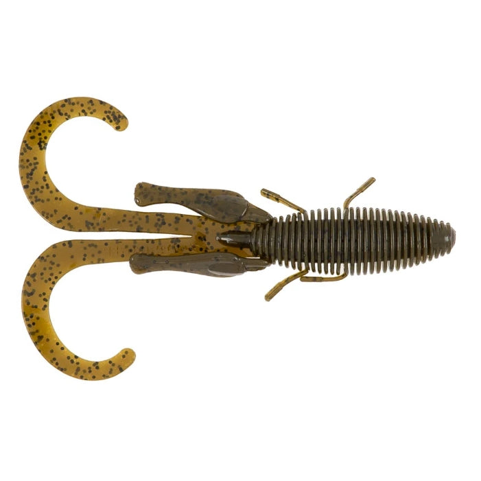 Top-down view of a soft plastic fishing lure in greenish-brown with black speckles featuring two large curled tail appendages and ribbed body, known as Missile Baits D Stroyer.