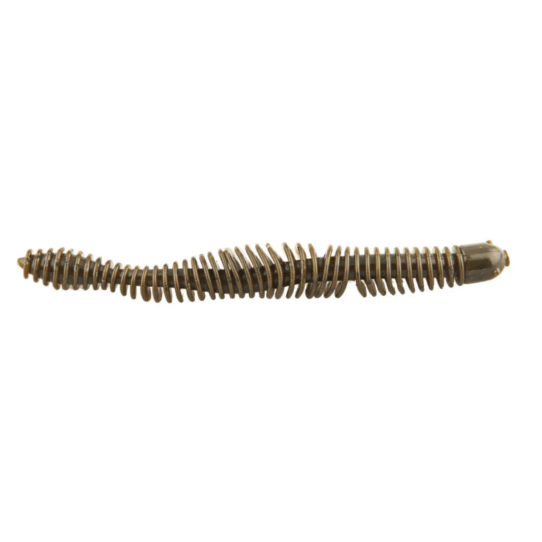 Big Bite Baits Russ Lane Coontail Worm fishing lure with segmented ribbed body in dark brown color designed for musky fishing tackle.