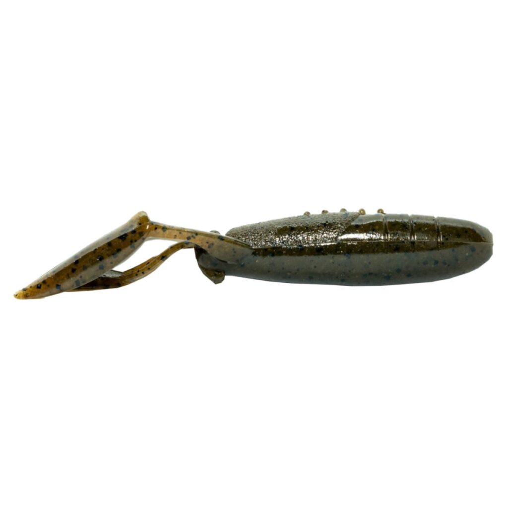 Keitech 3.5" Glide Camaron fishing lure in natural green and brown tones with speckled pattern, designed for attracting musky and other freshwater fish.