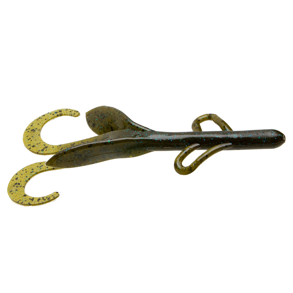 Zoom Brush Hog soft fishing lure in green with black specks, featuring dual curled tails and limb-like appendages, designed for musky and freshwater fishing tackle.