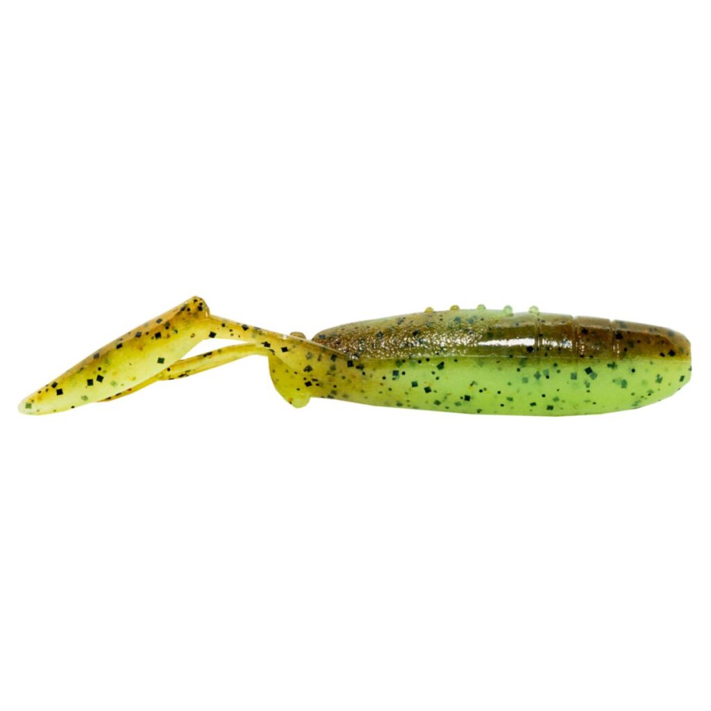 Keitech 3.5" Glide Camaron soft fishing lure in green and yellow with black speckles, designed for musky fishing and enhancing fishing tackle performance.