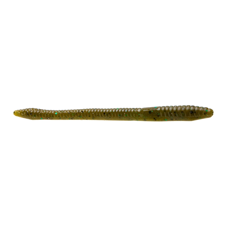 Zoom Finesse Worm fishing lure in green with ribbed texture and small reflective specks designed for finesse fishing and musky tackle.