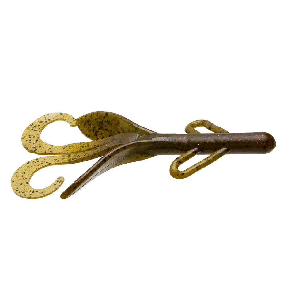 Zoom Brush Hog fishing lure in green with black speckles, featuring multiple appendages designed to mimic natural prey for effective musky fishing tackle.