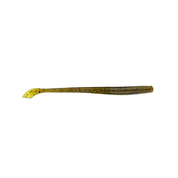 Yamamoto Kut Tail Worm 5" fishing lure in a greenish pumpkin color with black specks, designed for freshwater fishing and musky tackle applications.