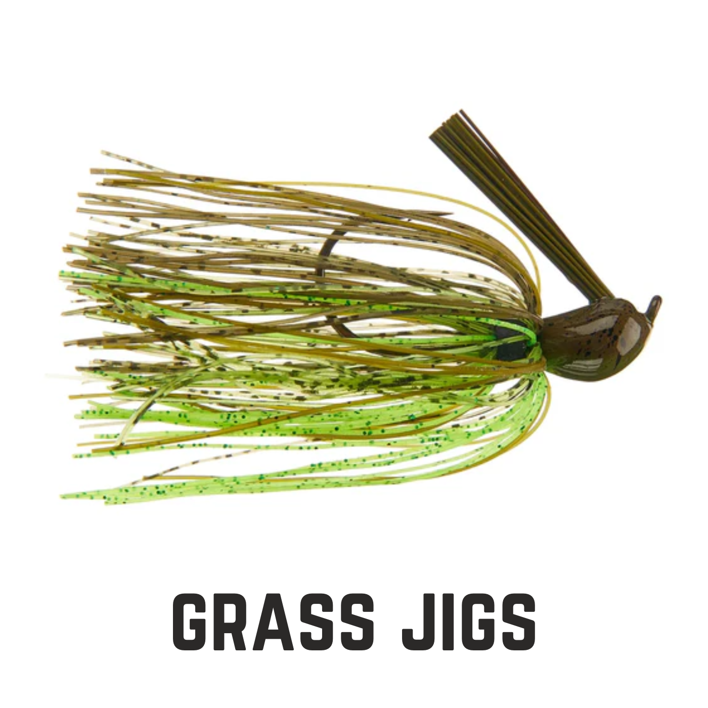 brown headed jig with green skirt and weed gaurd and text overly grass jigs