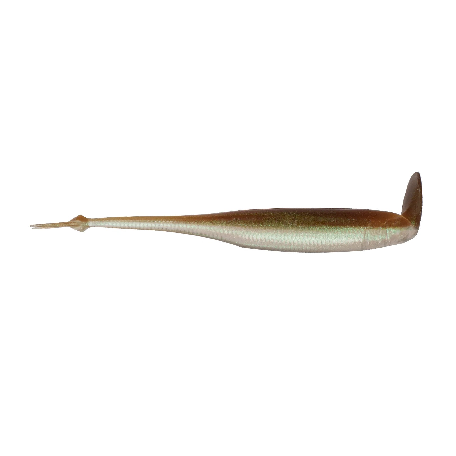 6th Sense Strobe Shaker 3.7 Minnow soft plastic fishing lure with a slender, minnow-shaped body and paddle tail in natural green and brown tones designed for lifelike movement in water.
