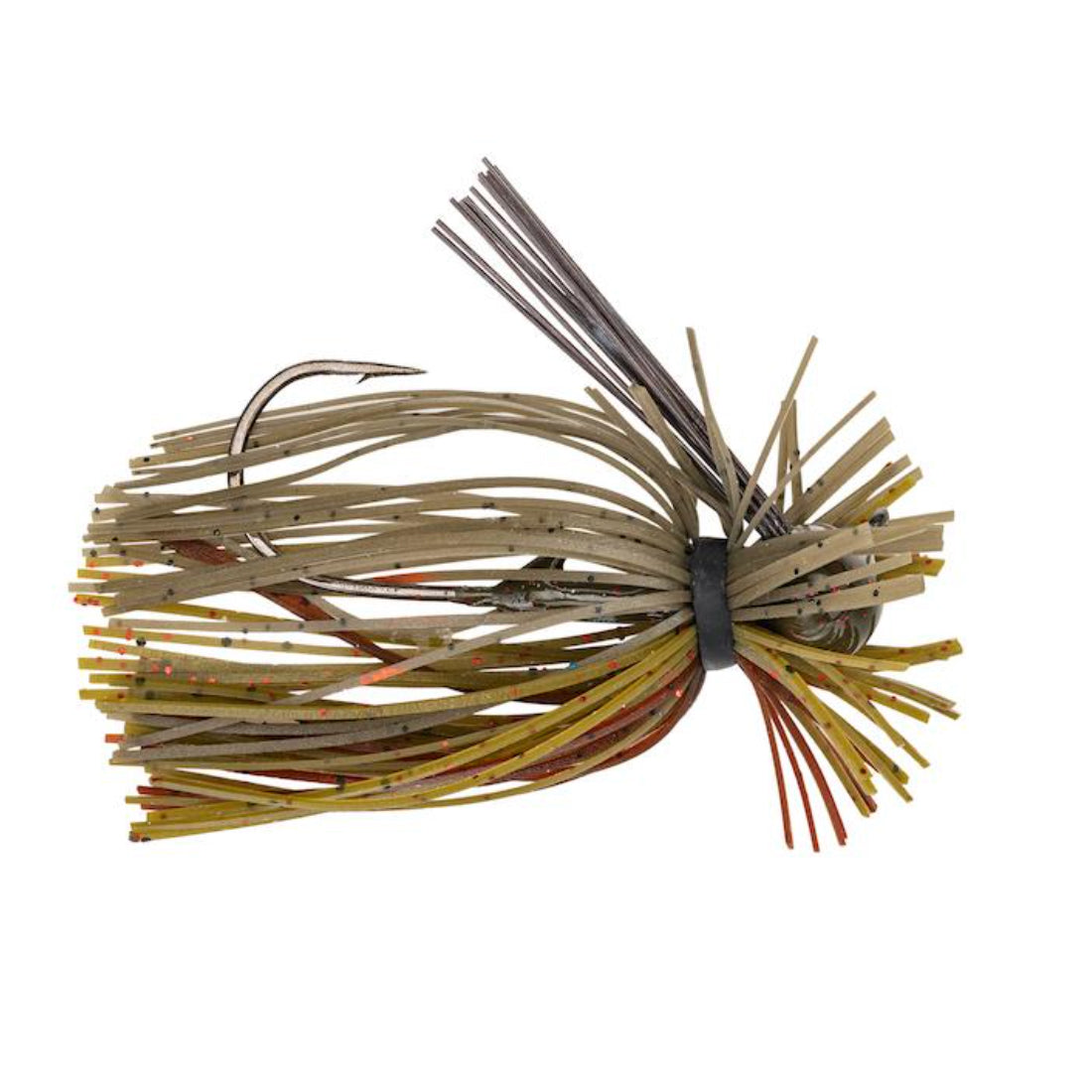 Strike King Tour Grade Finesse Football Jig featuring a multi-strand skirt in natural earthy tones with speckled accents, a concealed hook, and a weed guard for fishing tackle use.