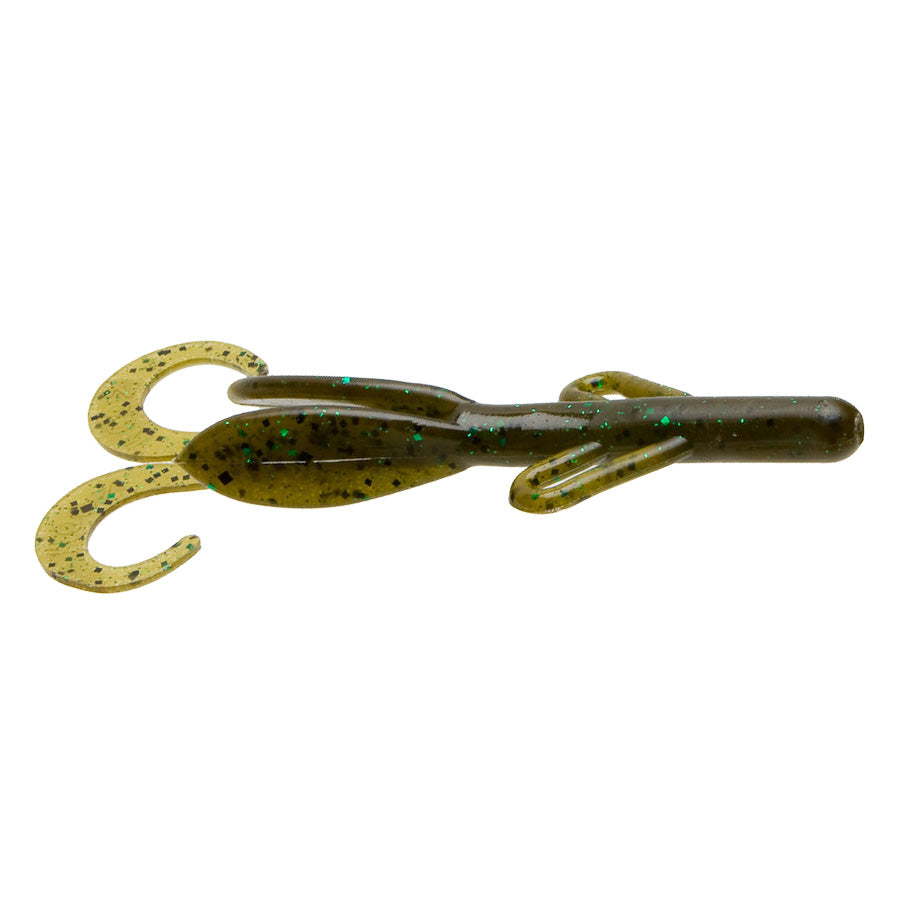 Zoom Baby Brush Hog fishing lure in green pumpkin color with twin curly tails and detailed speckled pattern for musky and freshwater fishing tackle.
