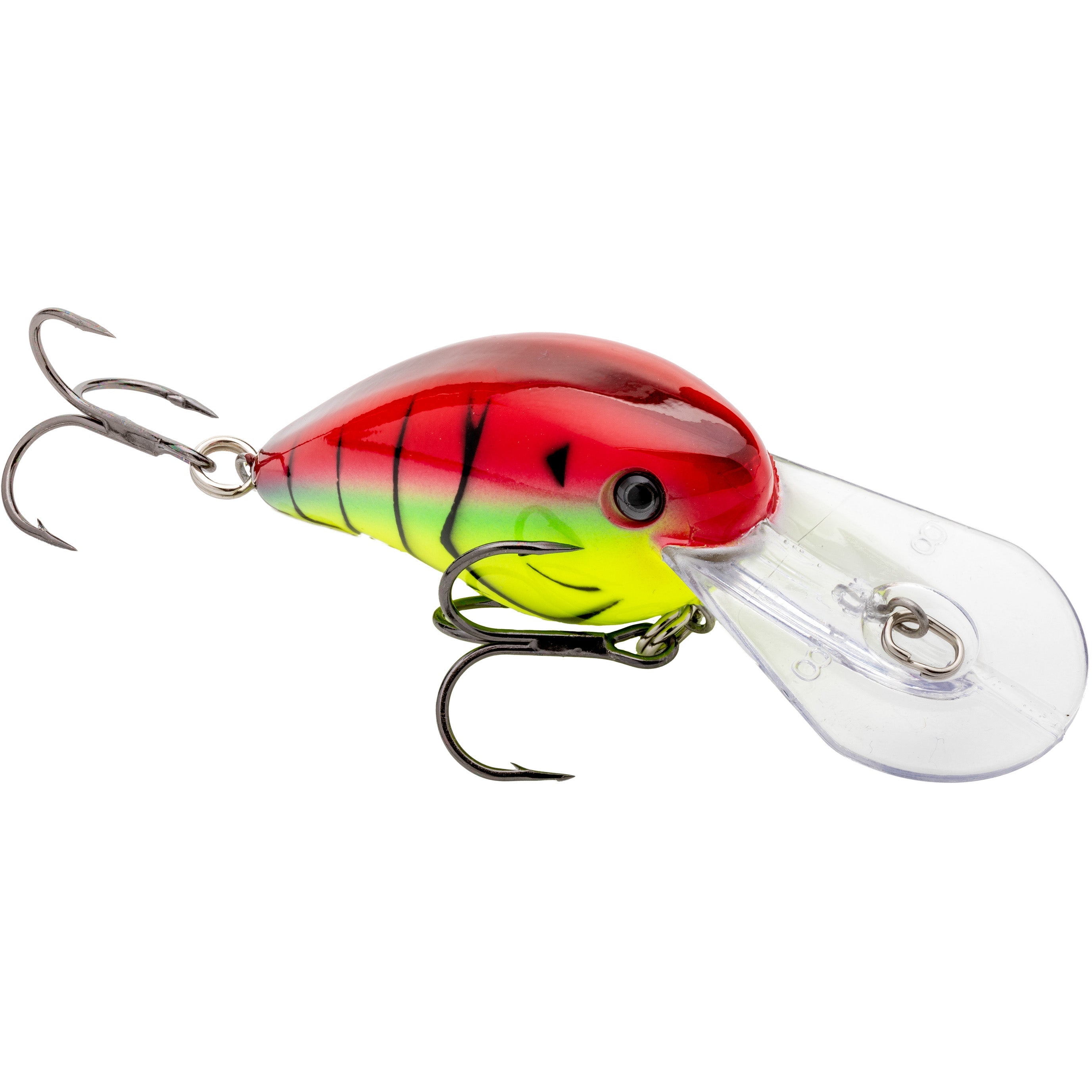 Strike King Gravel Dawg 10 Crankbait fishing lure with a red, green, and yellow body, black striping, two treble hooks, and a clear diving lip for attracting fish.