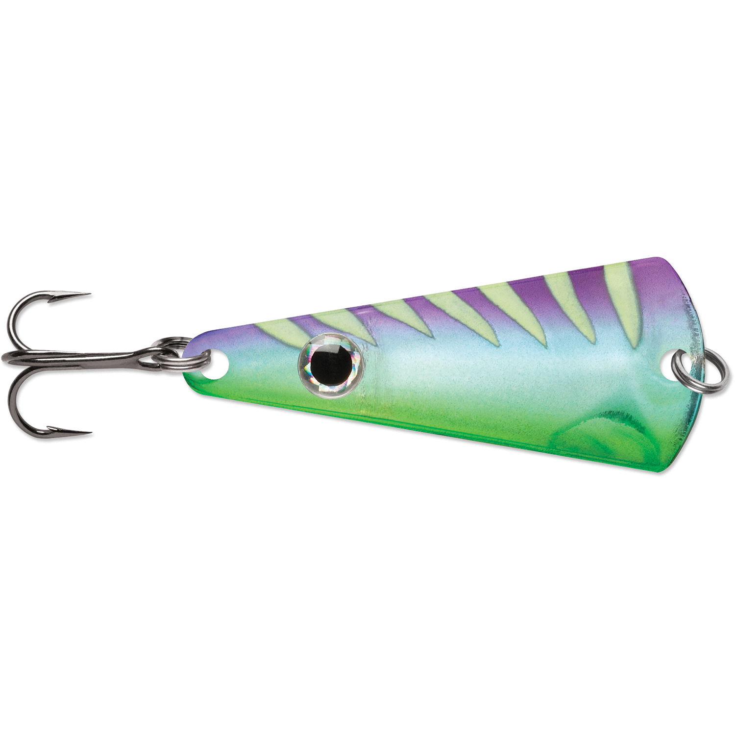 VMC Tingler Spoon fishing lure in vibrant green and purple with striped pattern, featuring a realistic eye and a sharp treble hook for effective fishing tackle use.