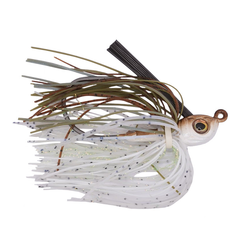 Outkast Tackle Jackpot Swim Jig featuring a detailed fish head design and multi-colored skirt with white and earthy green tones, ideal for fishing tackle enthusiasts.
