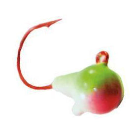Close-up of a Mission Tackle Short Shank Jig featuring a rounded, multicolored green and red head with a sharp red hook for fishing tackle use.