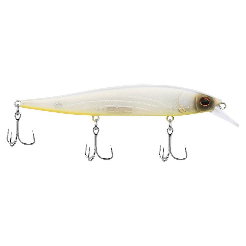 Berkley Stunna 112 Jerkbait in translucent white with yellow underbelly, featuring three treble hooks and a clear diving lip, designed for freshwater fishing tackle.