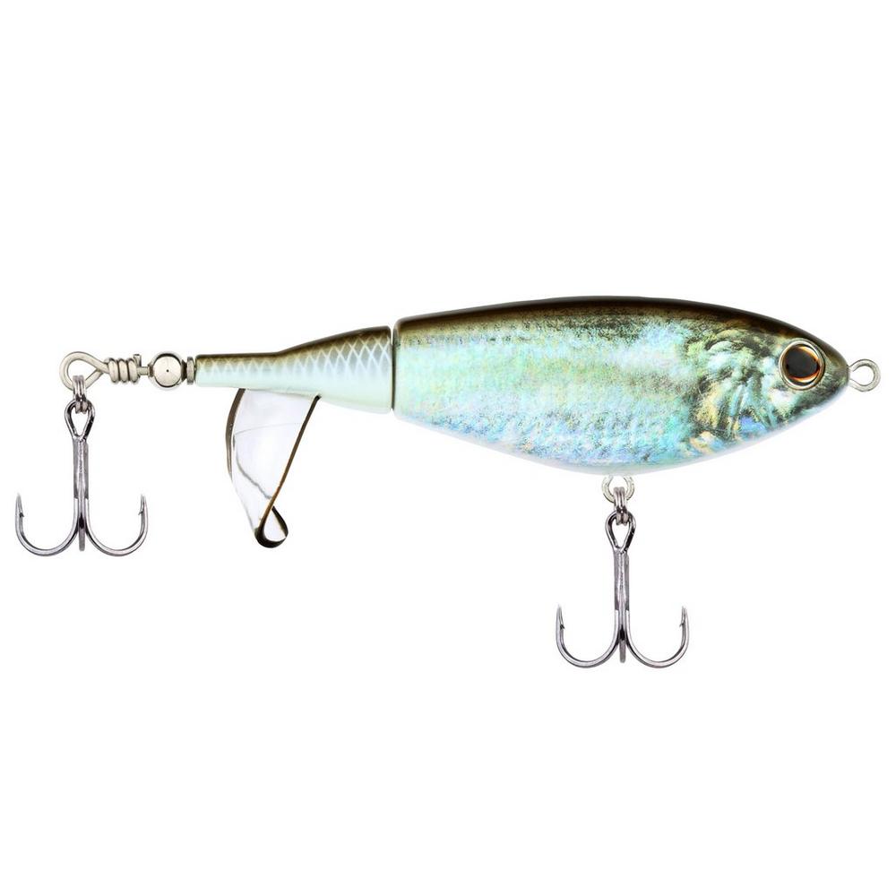 Berkley Choppo fishing lure designed with a segmented body, lifelike fish pattern in blue and silver tones, and two sharp treble hooks for effective fishing tackle.