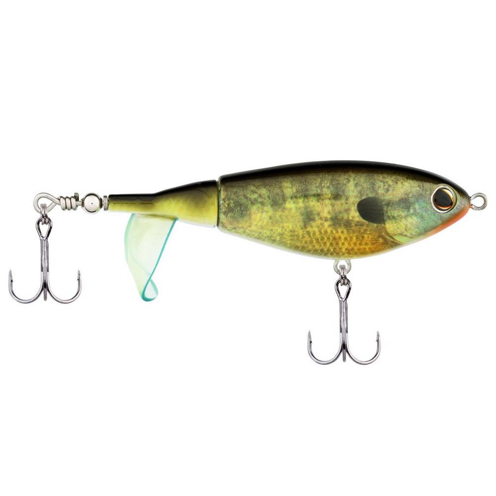 Berkley Choppo fishing lure designed with a jointed body in natural green and yellow tones, featuring two treble hooks and a clear plastic lip for lifelike movement in water.
