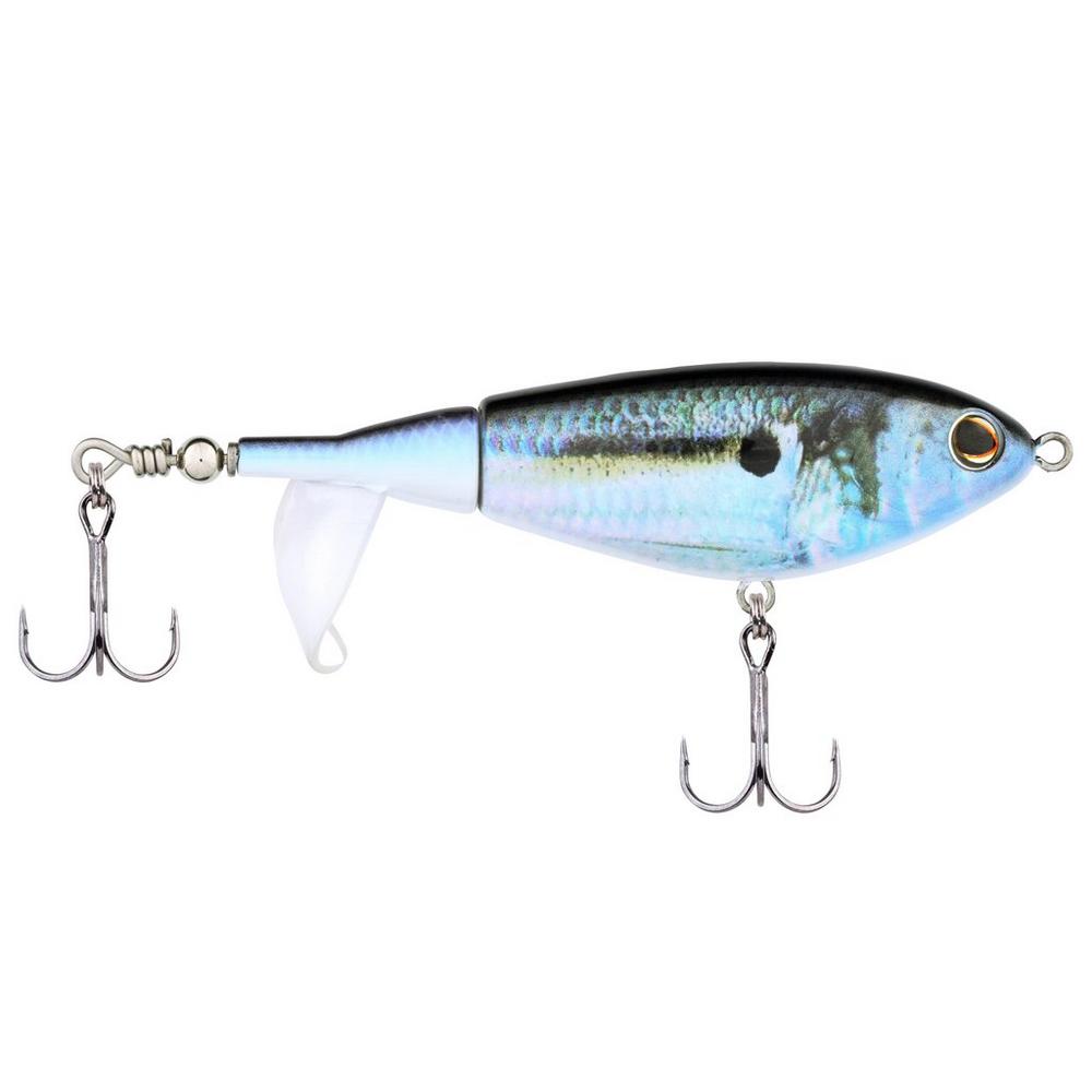 Berkley Choppo fishing lure designed with a segmented blue and silver fish-like body, featuring two treble hooks and a small paddle tail for lifelike water action.