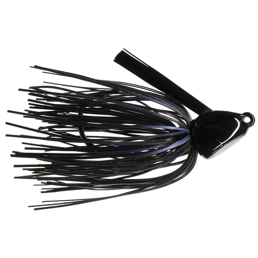 Dirty Jigs No-Jack Punchin' Jig fishing lure with black and dark purple skirt and weighted head, designed for musky fishing tackle and fishing lure applications.