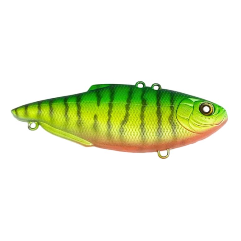 Nishine Lure Works Simcoe 75 Lipless Crankbait fishing lure in vibrant green, yellow, and orange with black stripes, designed for effective freshwater fishing tackle.