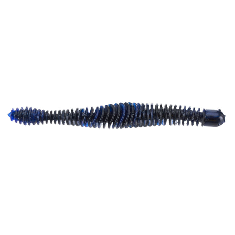 Big Bite Baits Russ Lane Coontail Worm fishing lure in black and blue colors designed for freshwater fishing, featuring a ribbed, segmented soft plastic body for lifelike movement.