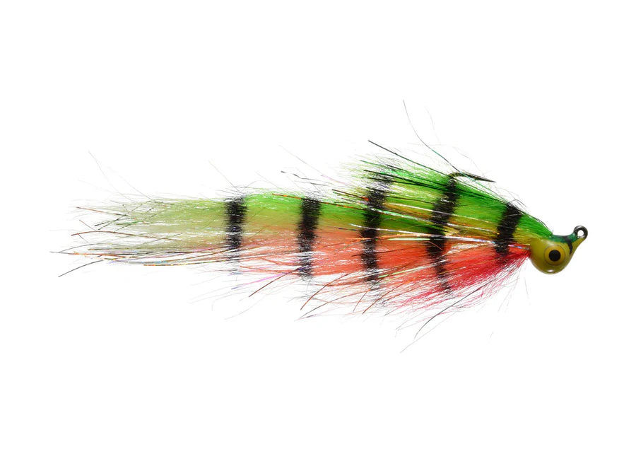 Warpath's Tomahawk #3/0 fishing lure with vibrant green and orange body, black stripes, synthetic fibers, and realistic yellow eyes designed for musky fishing tackle.