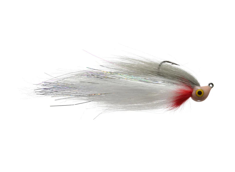 Warpath's Tomahawk #3/0 fishing lure with a gray and white feathered body, red accent near the head, yellow eye detail, and a sharp hook, designed for musky fishing.