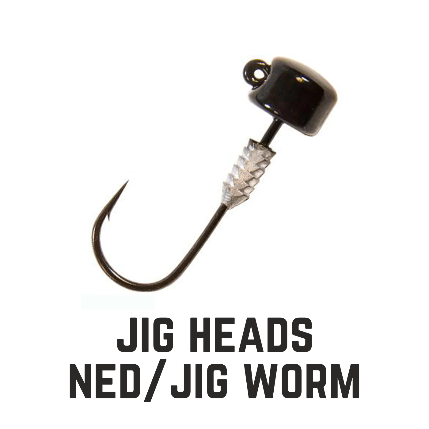 black jig head with hook and text overlay ned/jig worm