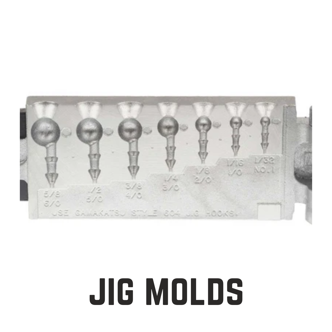 metal ball head jig mold with text overlay jig molds