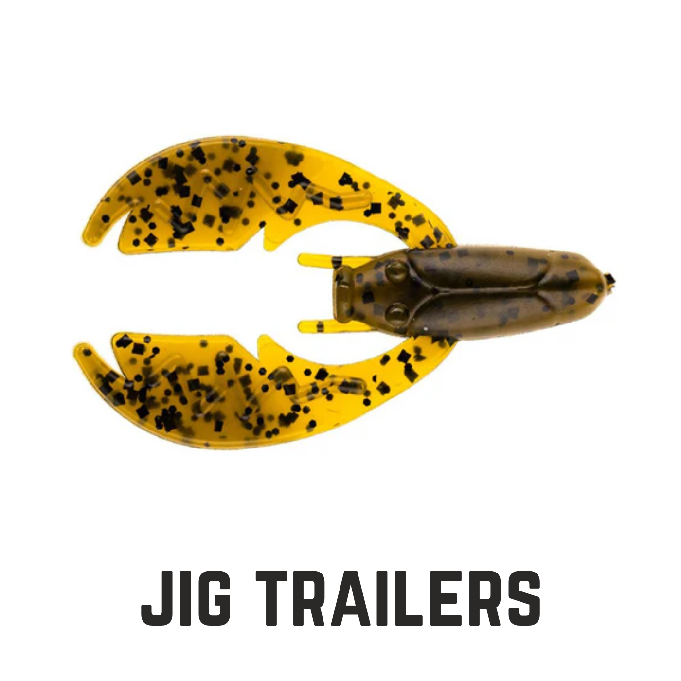 soft plastic yellow and brown crayfish with text overlay jig trailers