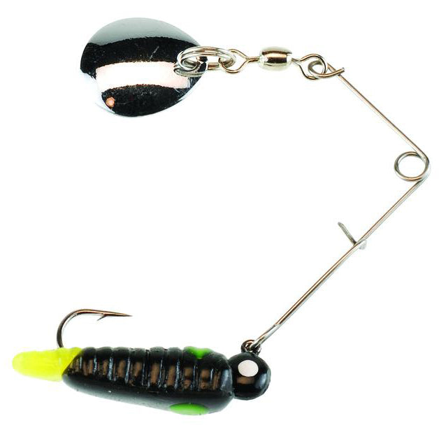 Johnson Fishing Lures Beetle Spin Jig with a black ribbed body, fluorescent yellow tail, white eye detail, and a silver spinner blade designed for effective fishing tackle use.