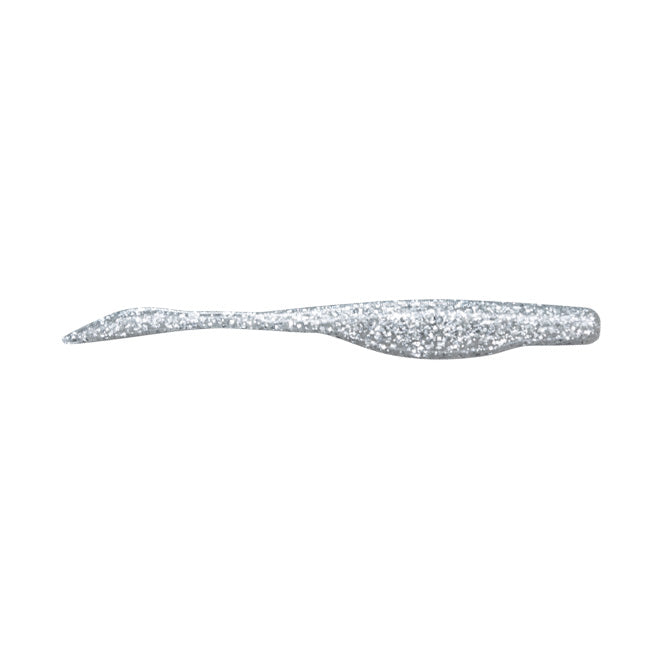 Silver glitter soft plastic fishing lure with slender tapered tail and thicker body, designed for use as the Strike King KVD Perfect Plastics 4" Caffeine Shad Jr. fishing lure.