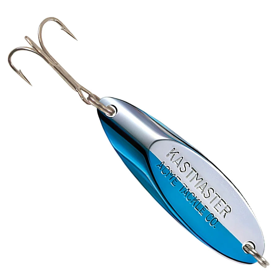 Acme Kastmaster blue and silver metal fishing lure with treble hooks for casting and trolling