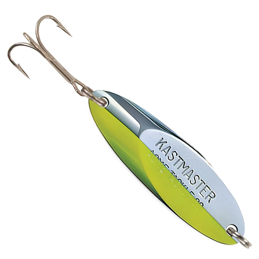 Acme Kastmaster silver and chartreuse spoon fishing lure with treble hooks shown on a white background for freshwater fishing tackle