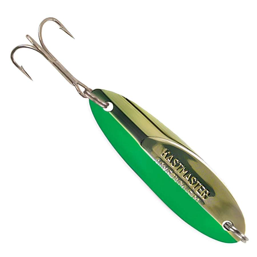 Acme Kastmaster green and gold metal fishing lure with reflective finish and treble hook for casting and attracting freshwater game fish