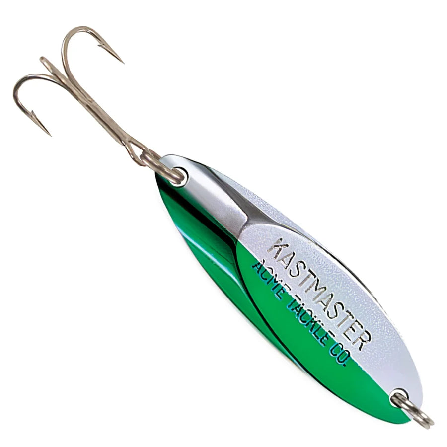Acme Kastmaster green and silver spoon fishing lure with reflective finish and treble hooks for freshwater fishing
